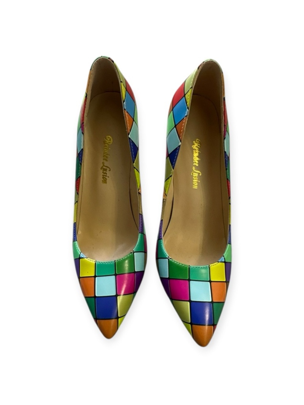 Quincee Easton Multi-Color Geometric Mosaic Pointed Toe Pumps, Size 38/8 NWOT - Picture 3 of 12